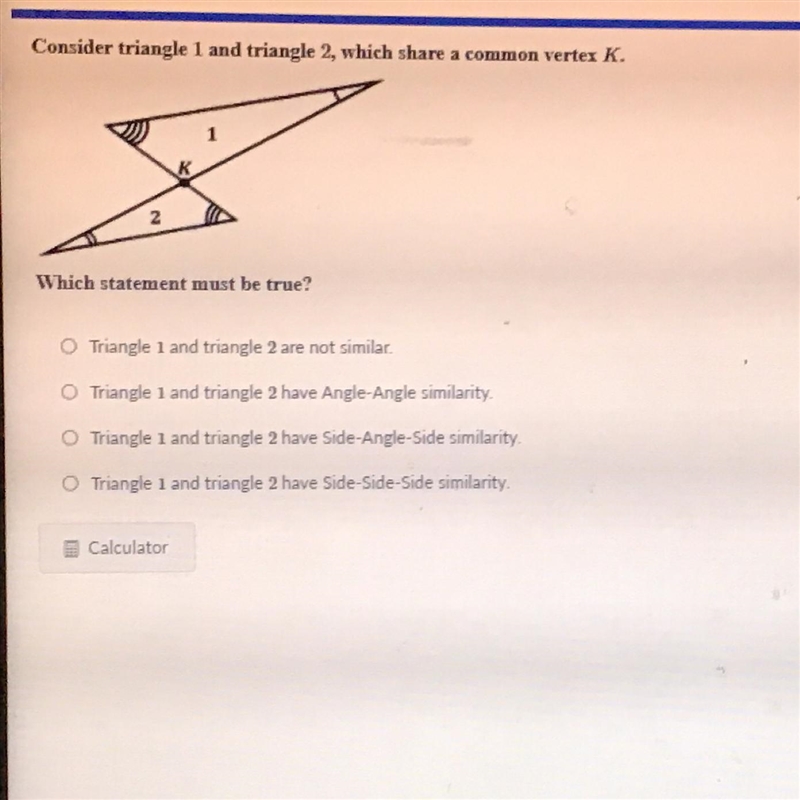 Consider triangle 1 and triangle 2, which share a common vertex K Which statement-example-1