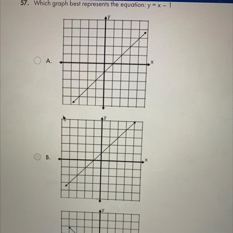 Which graph best represents the equation y=x-1i’ll send the other photo :)-example-1