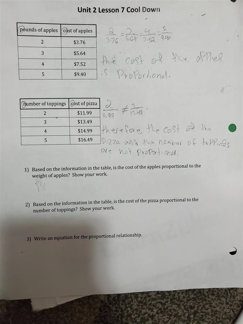 1) Based on the information in the table, is the cost of the apples proportioned to-example-1