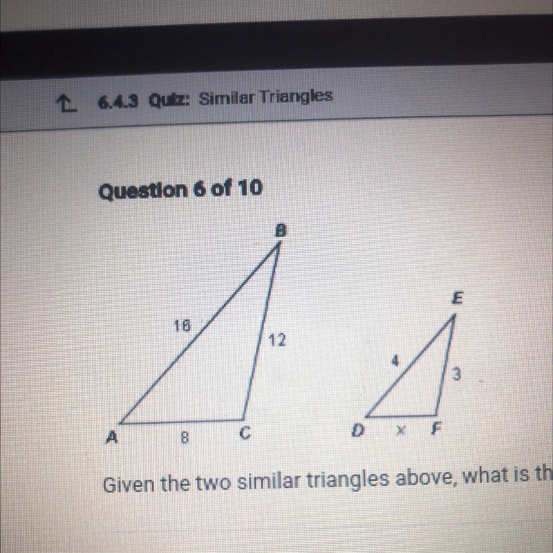 Given the two similar triangles above, what is the measure of side DF?-example-1