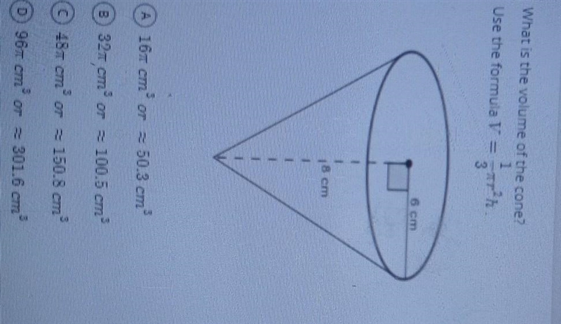 What is the volume of the cone? 1 Use the formula 1 = 6 cm 1 1 18 cm 1 1 1 1 A 16-em-example-1