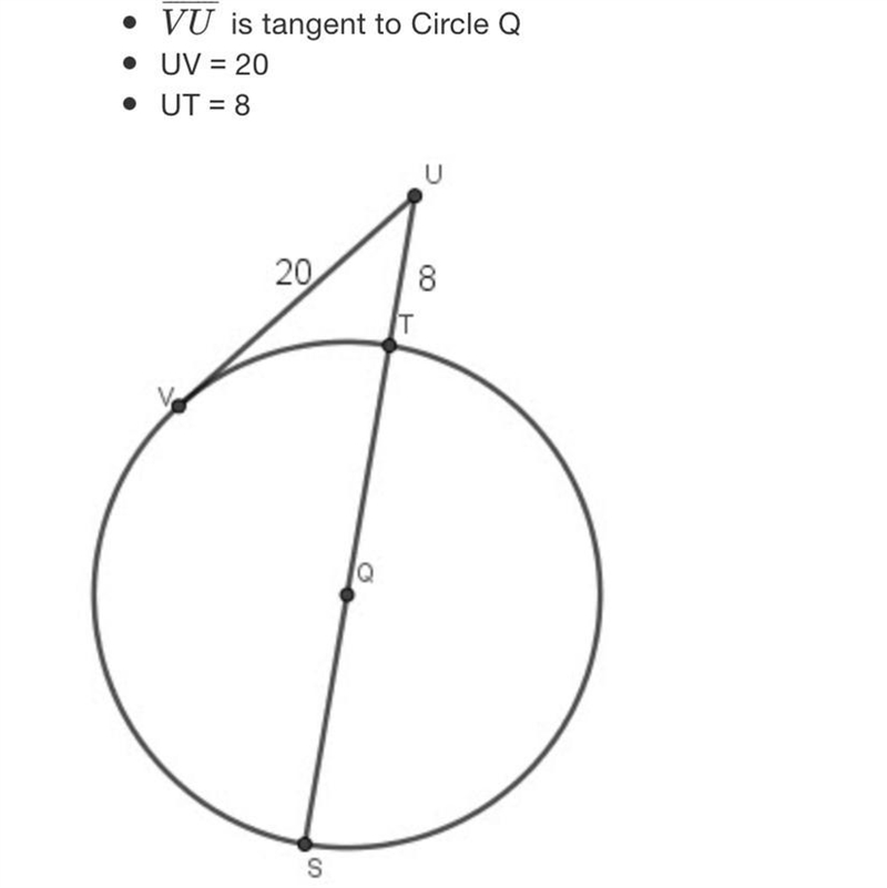 Given:• VU is tangent to Circle Q• UV = 20• UT = 8U2000TSFind the length of the radius-example-1