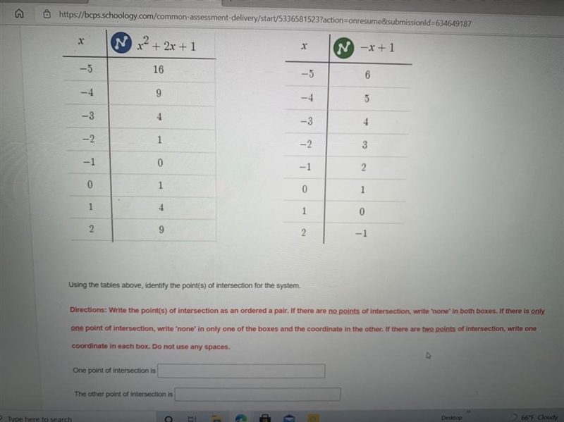 using the tables above, identify the point of intersection for the system.One point-example-1