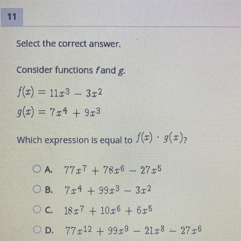 Consider functions fand g.f(x) = 11x3 – 3.2g(x) = 7x4 + 933Which expression is equal-example-1