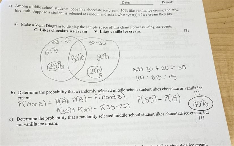 Among middle school students, 65% like chocolate ice cream, 50% like vanilla ice cream-example-1