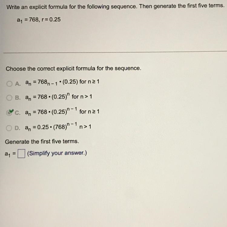 Write an explicit formula for the following sequence. Then generate the first five-example-1