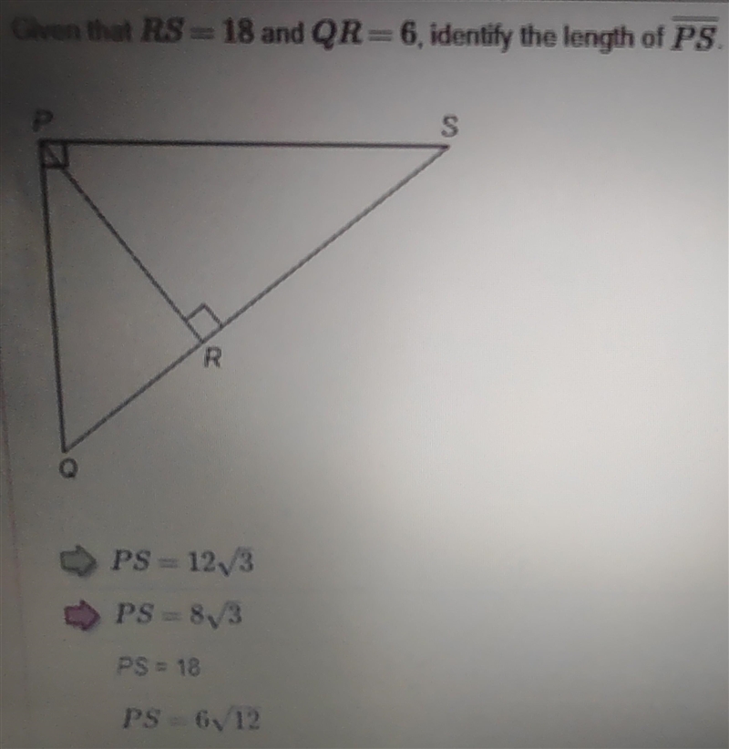 Given that RS=18 and QR =6, identify the length of PS.-example-1