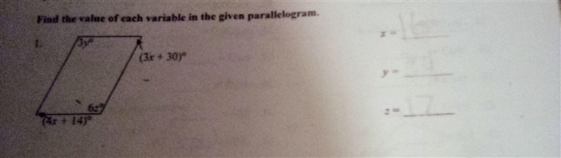 Find the value of each variable in the given parallelogram-example-1