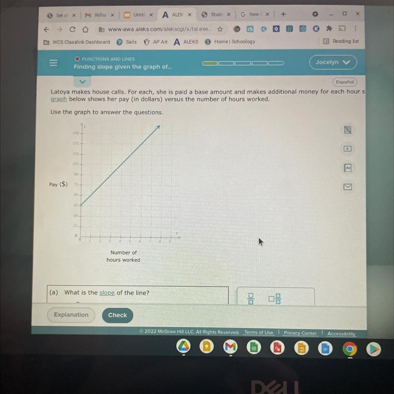 Part a)what is the slope of the line part b)how much does her pay increase for each-example-1