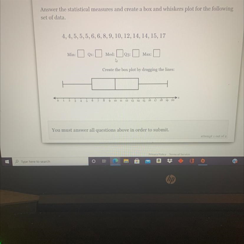 Answer the statistical measures and create a box and whiskers plot for the followingset-example-1