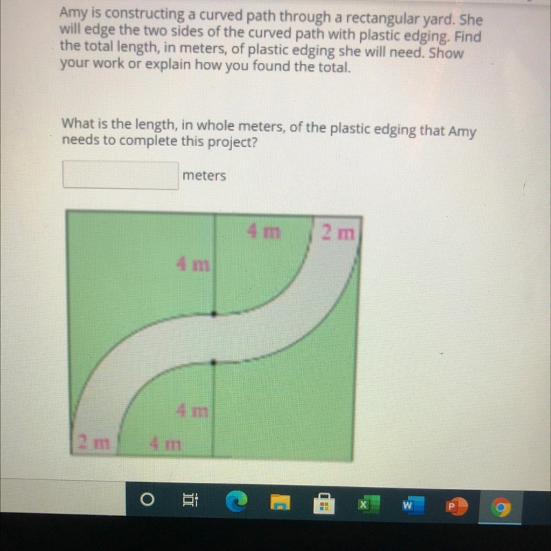 What is the length, in whole meters, of the plastic edging that Amy needs to complete-example-1