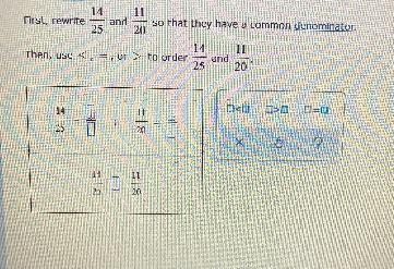 Rewrite 14/25 and 11:20 so they have the common denominator.Then use greater or less-example-1