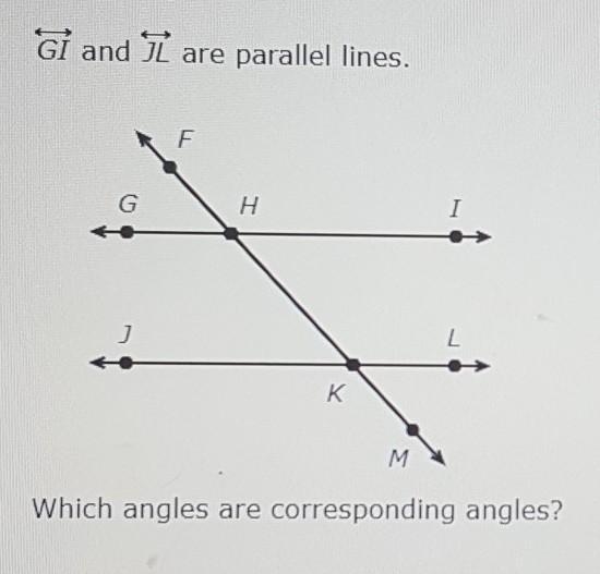 GI and JL are parallel lines.Which angles are corresponding angles?Options:a)-example-1