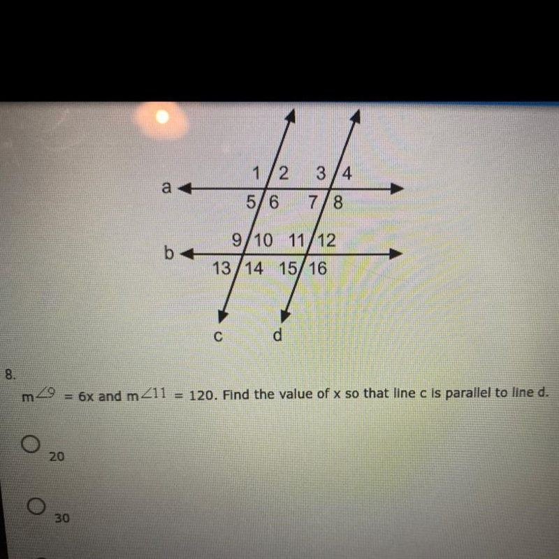 M< 9 = 6x and m< 11 = 120. Find the value of x so that line c is parallel to-example-1