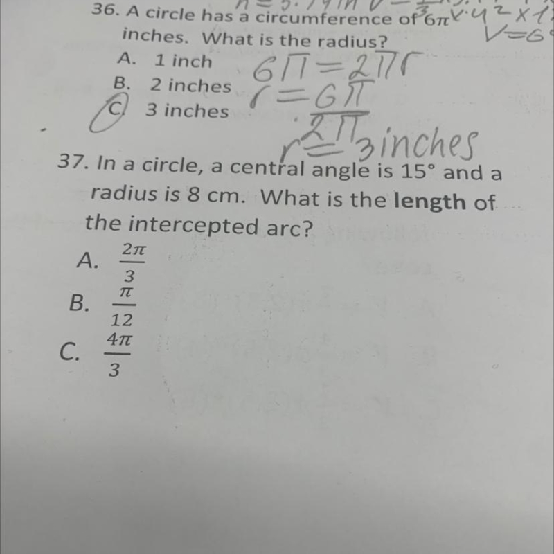 In a circle, a central angle is 15 degrees and a radius is 8 cm. What is the length-example-1