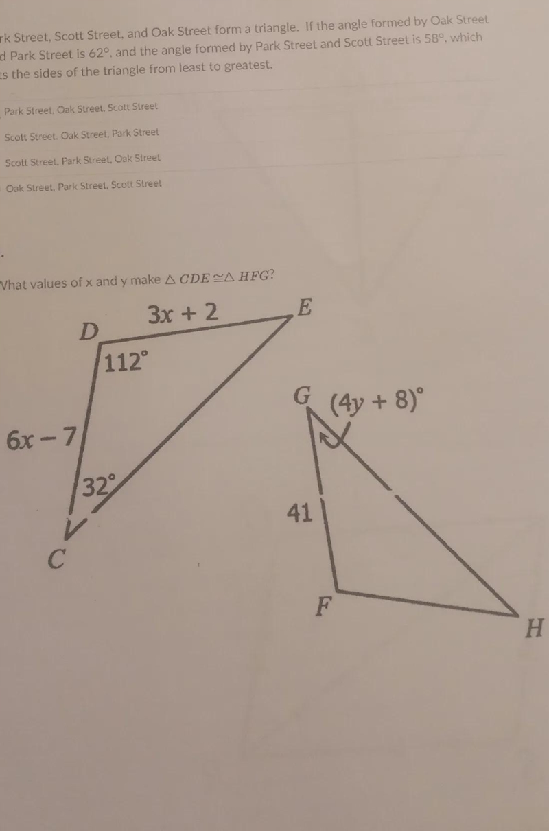 What value of X and Y makes CDE. = HFG-example-1