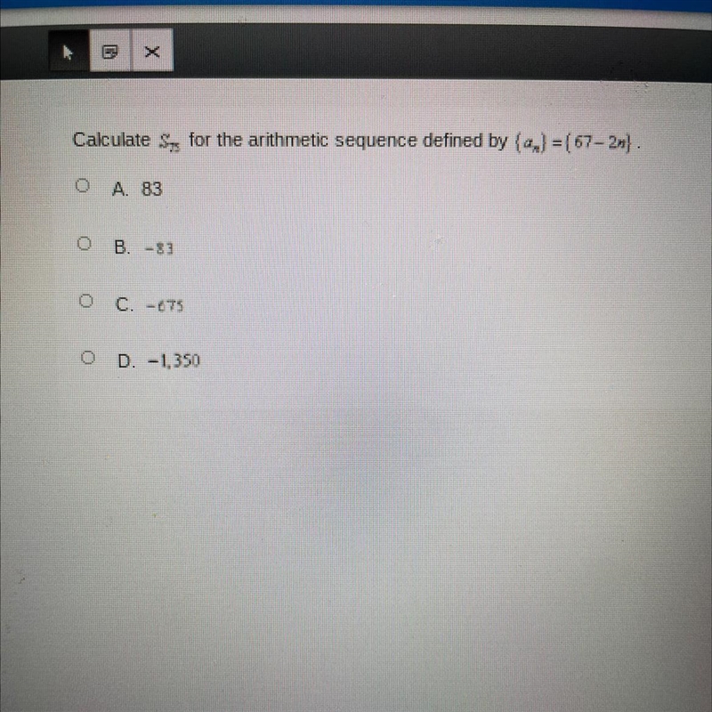 Calculate s75for the arithmetic sequence defined by (an) = ( 67-2n)-example-1