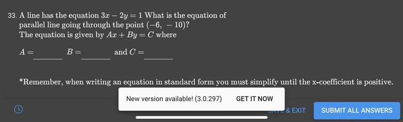 A line has the equation 32 - 2y = 1 What is the equation of parallel line going through-example-1