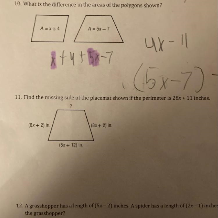 11. Find the missing side of the placemat shown if the perimeter is 28x + 11 inches-example-1