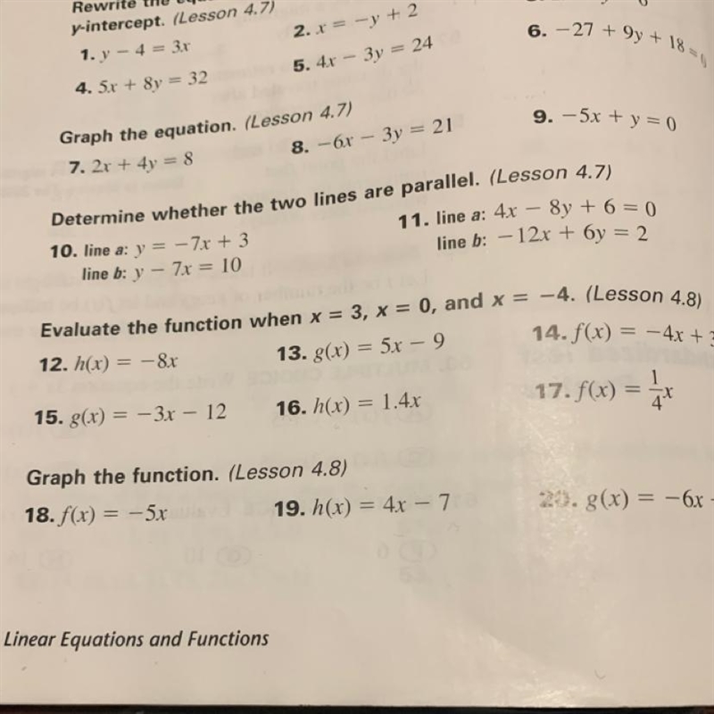 Evaluate the function when x = 3, x = 0, and x = -4. (Lesson 4.8) 14. f(x) = -4x + 3 12. h-example-1