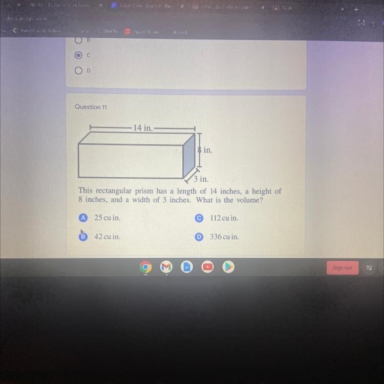 This rectangular prism has a length of 14 inches, a height of 8 inches, and a width-example-1