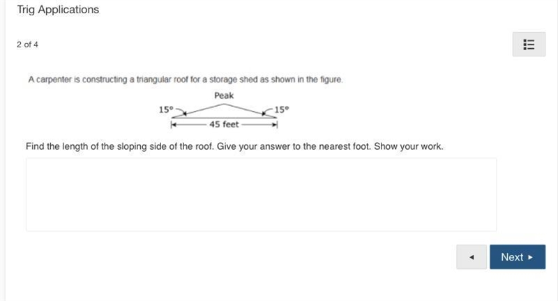 Find the length of the sloping side of the roof. Give your answer to the nearest foot-example-1