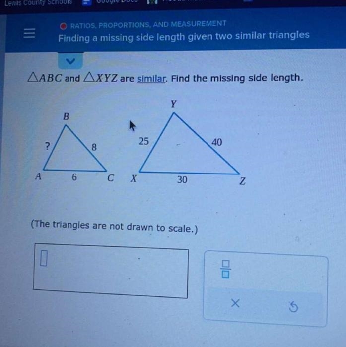 Finding a missing side length given two similar triangles-example-1