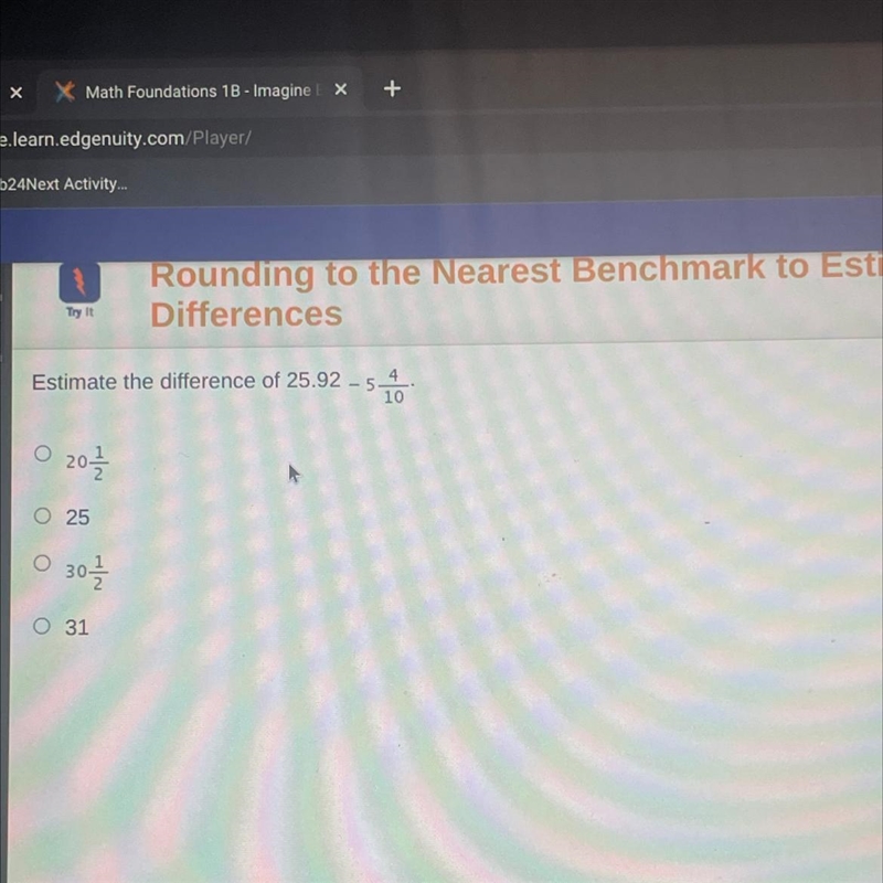 Estimate the difference of 25.92 - 5 4/10-example-1