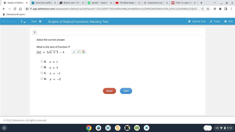 What is the zero of function f?f(x)=3 square root of x+3 -6-example-1