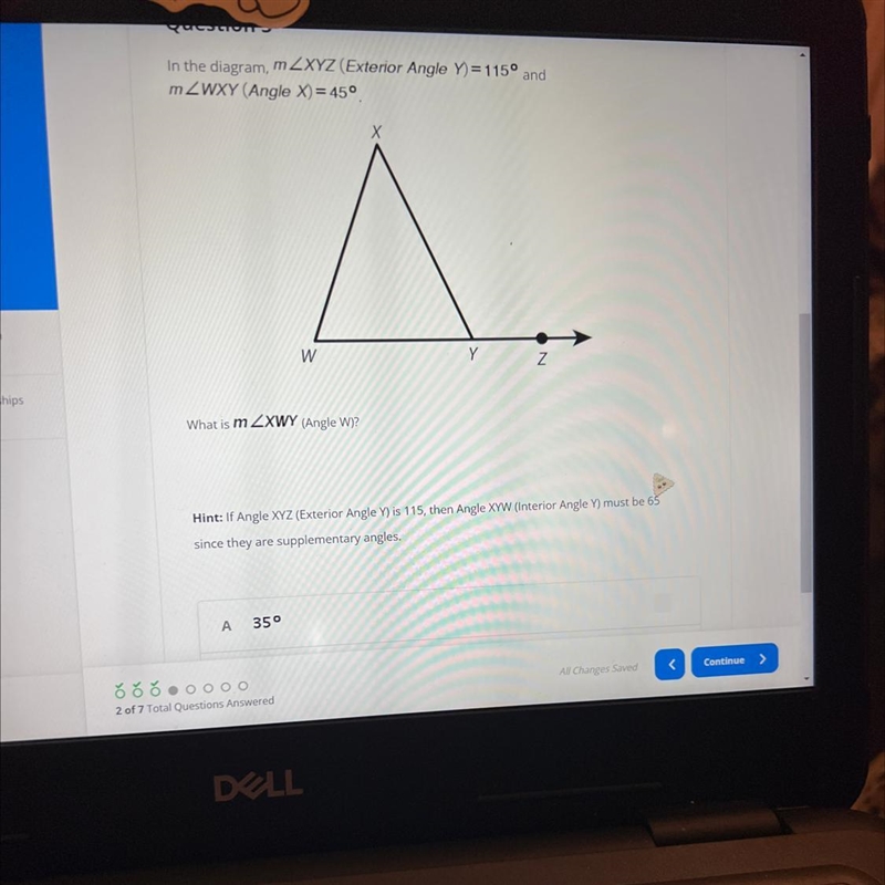 In the diagram, mZXYZ (Exterior Angle Y)=115º and mZWXY (Angle X) = 45°. What is m-example-1