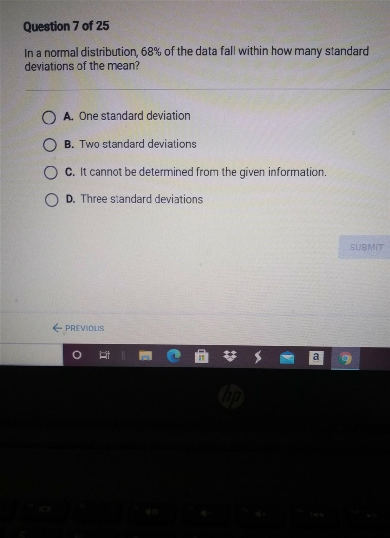 In a normal distribution, 68% of the data fall within how many standard deviations-example-1