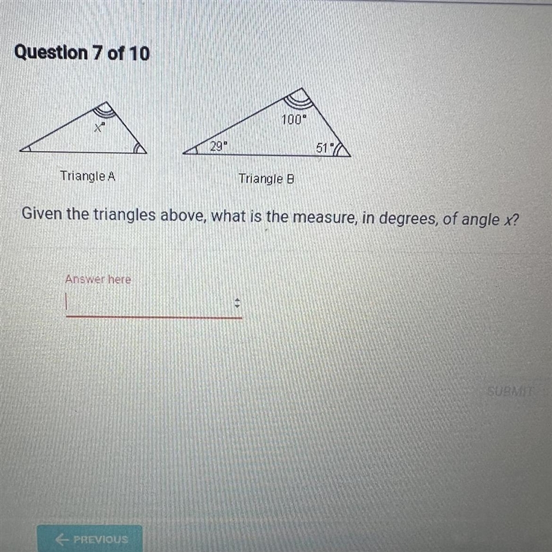 Given the triangles above, what is the measure, in degrees, of angle x?-example-1