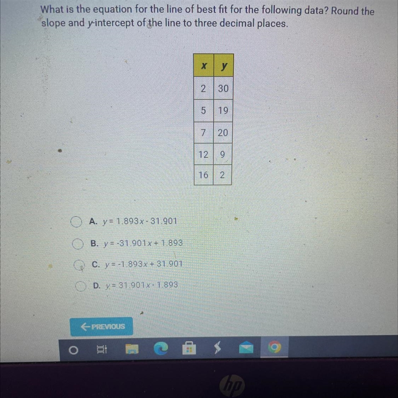 What is the equation for the line of best fit for the following data? Round theslope-example-1