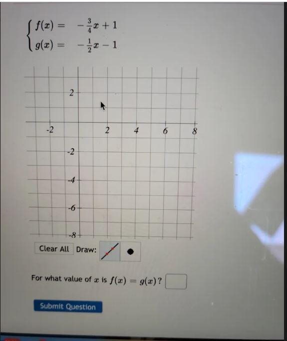 3 = X + 1 S f(x) 1 g(x) = 10-1 2 F -2 2 2 6 -2 -4 -6 -8 Clear All Draw: For what value-example-1