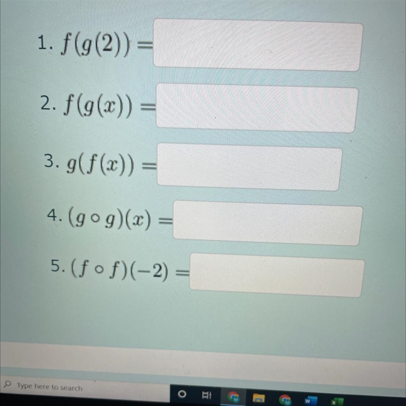 Find the indicated function given f(x)=2x^2+1 and g(x)=3x-5Answer in simplified answers-example-1