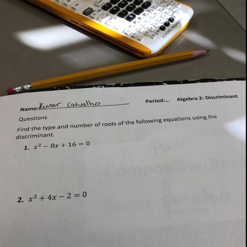 Find the type and number of roots of the following equations using the discriminantQuestion-example-1