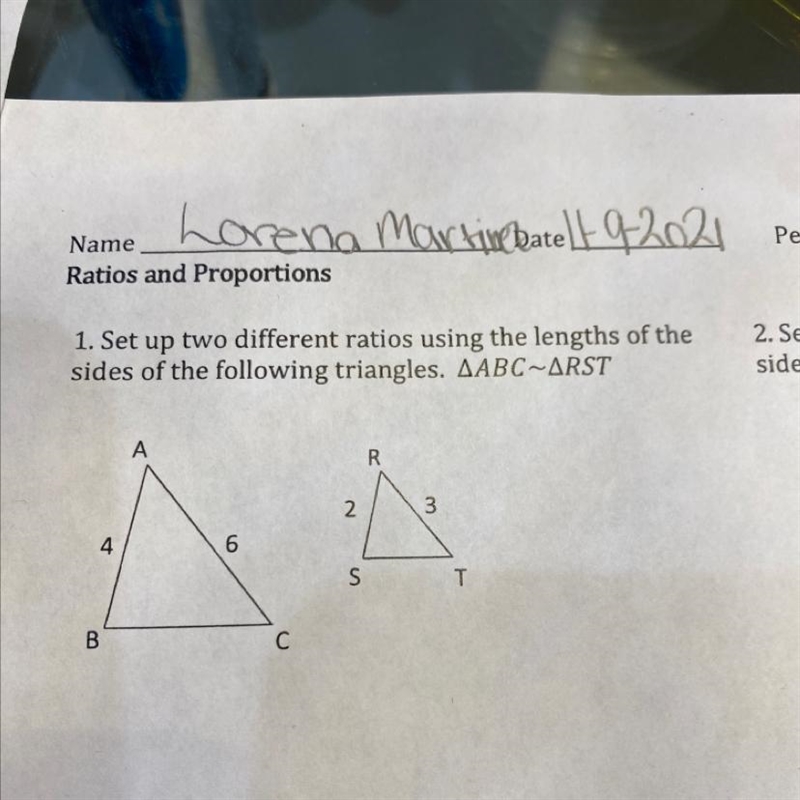 1. Set up two different ratios using the lengths of thesides of the following triangles-example-1