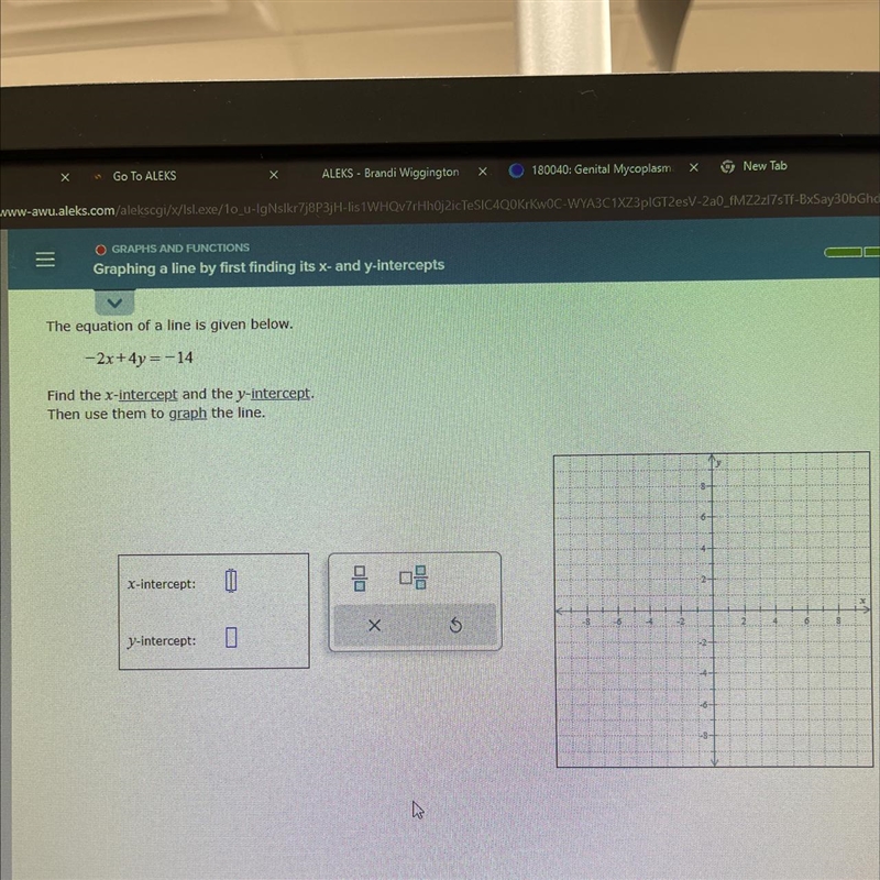 Find the x and y intercept then use them to graph the line-example-1