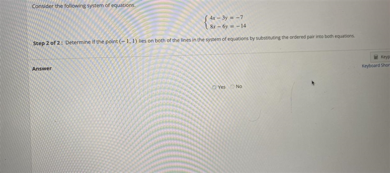 Determine if the point (-1,1) lies on both lines in the system of equations by substituting-example-1