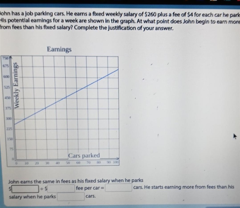 John has a job parking cars. He eams a fixed weekly salary of $260 plus a fee of $A-example-1