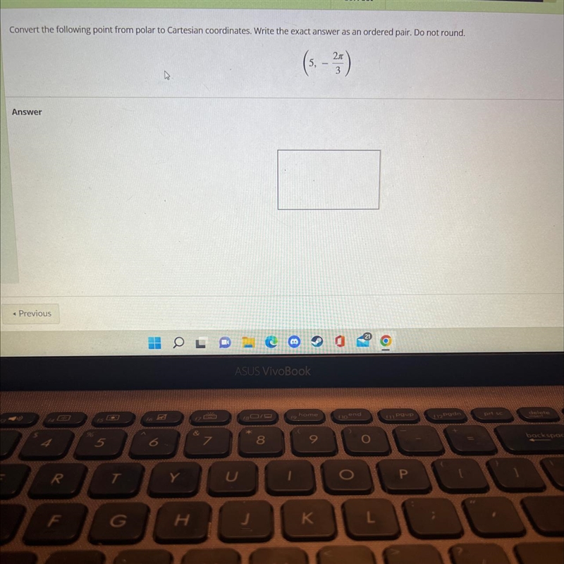 Convert the following point from polar to Cartesian coordinates. Write the exact answer-example-1