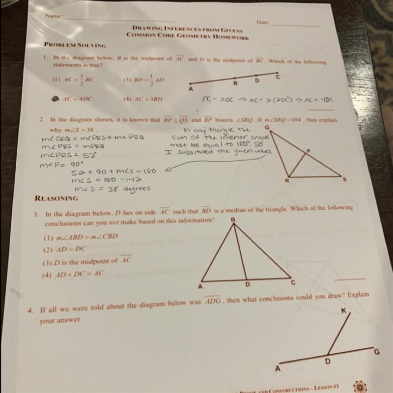 Drawing Inferences from Givens, Common Core Geometry Homework. Only #4-example-1