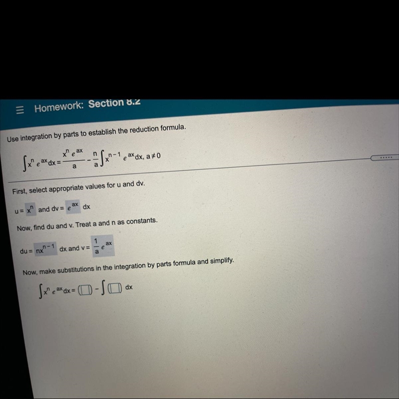 Make substitutions in the integration by parts formula and simplify.-example-1