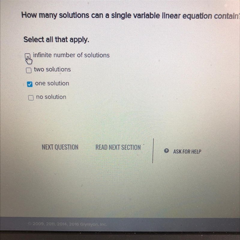 How many solutions can a single variable linear equation contain? Select all that-example-1