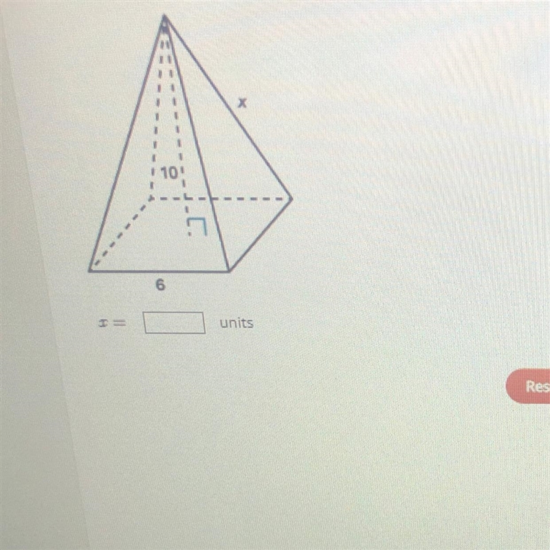 A right square pyramid has an altitude of 10 and each side of the base is six. To-example-1