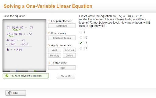 Solve the equation. 7h-5(3h-8)=-72-example-1