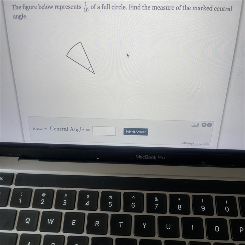 The figure below represents of a full circle. Find the measure of the marked centralangle-example-1