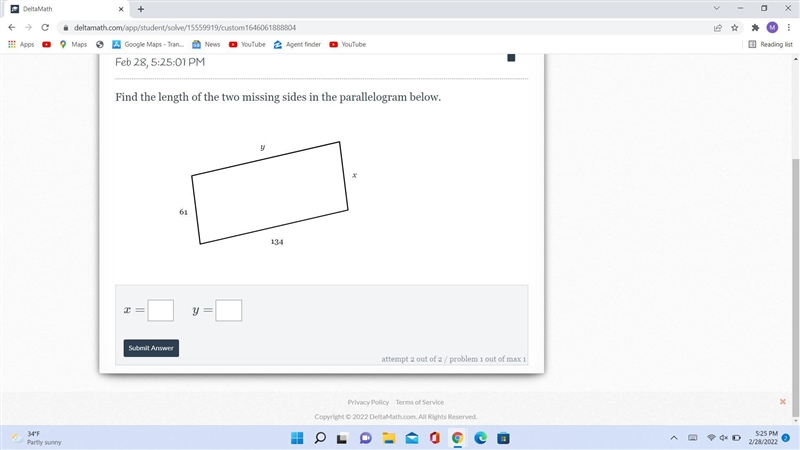 Find the length of the two missing sides in the parallelogram below.-example-1