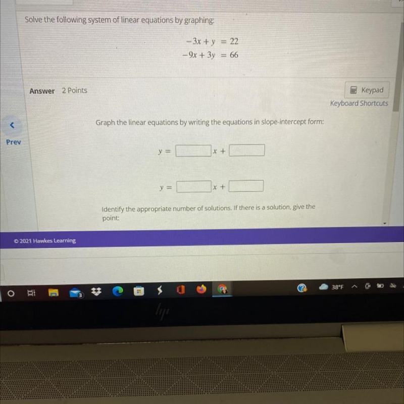 Solve the following system of linear equations by graphing:22--- 3x + y- 9x + 3y66-example-1