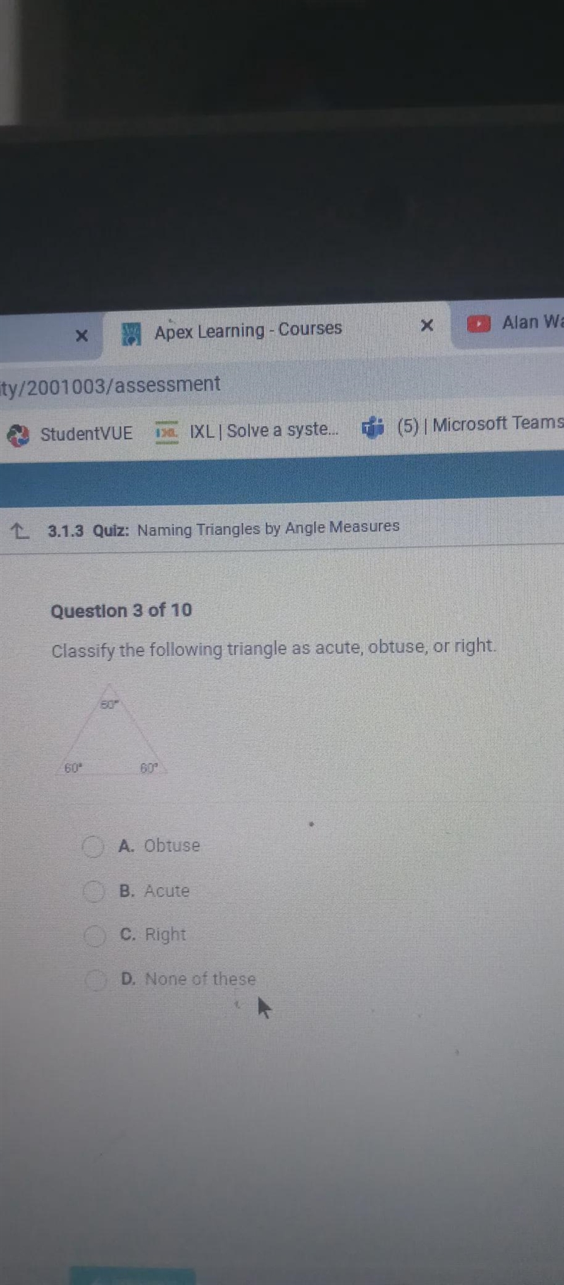 Classify the following triangle as acute, obtuse, or rightO A. AcuteO B. ObtuseOc-example-1